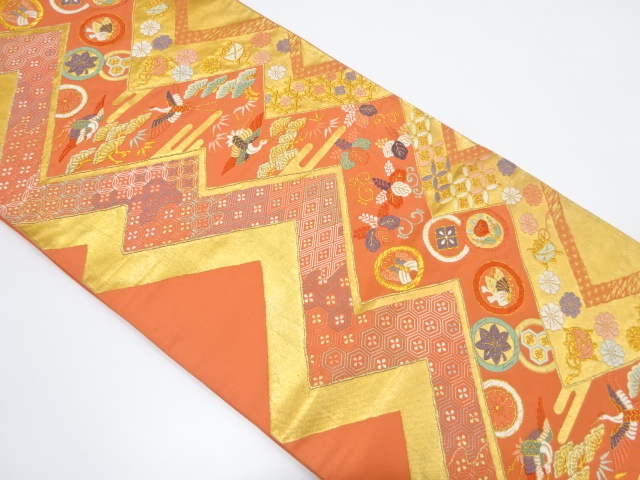 アンティーク　幾何学に鶴・糸巻き・松笹模様織り出し袋帯（材料）